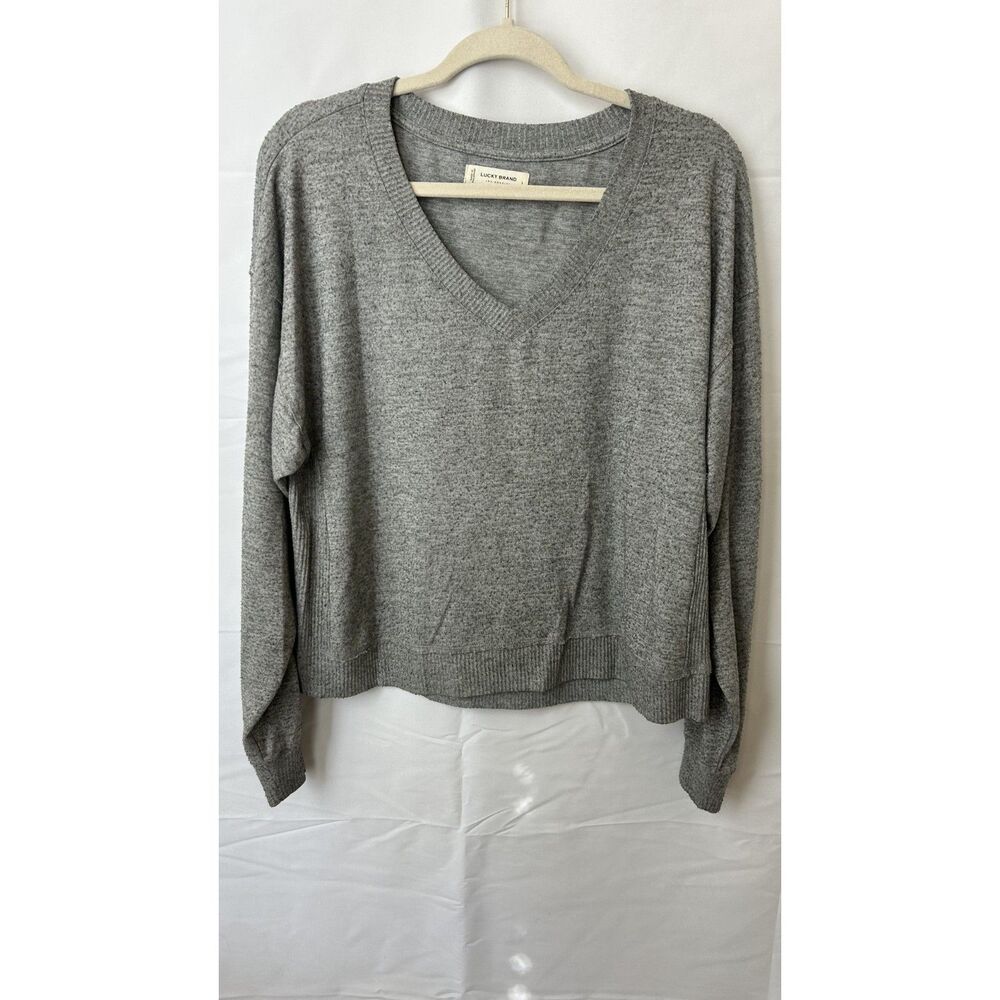 Lucy Brand Gray V-Neck Knit Sweater Women's Large Pullover Long Sleeve Cozy